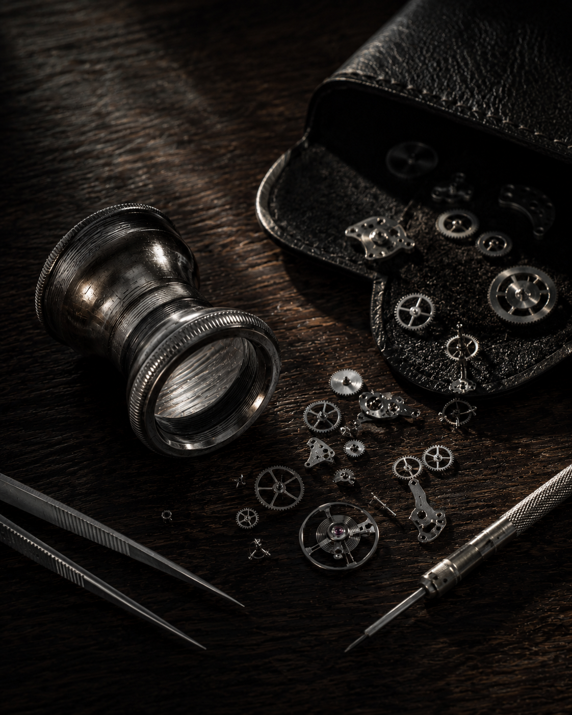 Watchmaker's atelier with brass loupe, leather pouch, and scattered watch components
