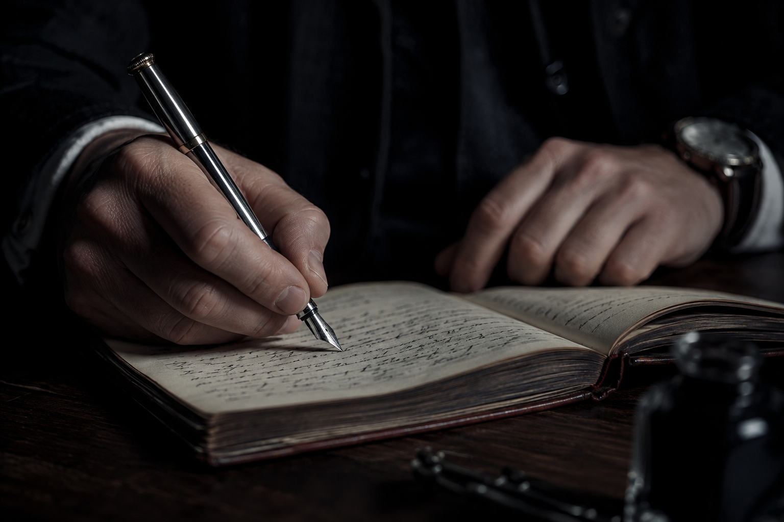 Hands of a connoisseur writing in a leather-bound provenance ledger with a fountain pen